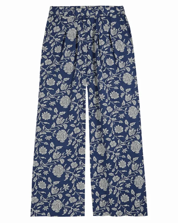 EMILE ET IDA ZEVRINE Pantalon Large Femme à Fleurs Bleu et Blanc