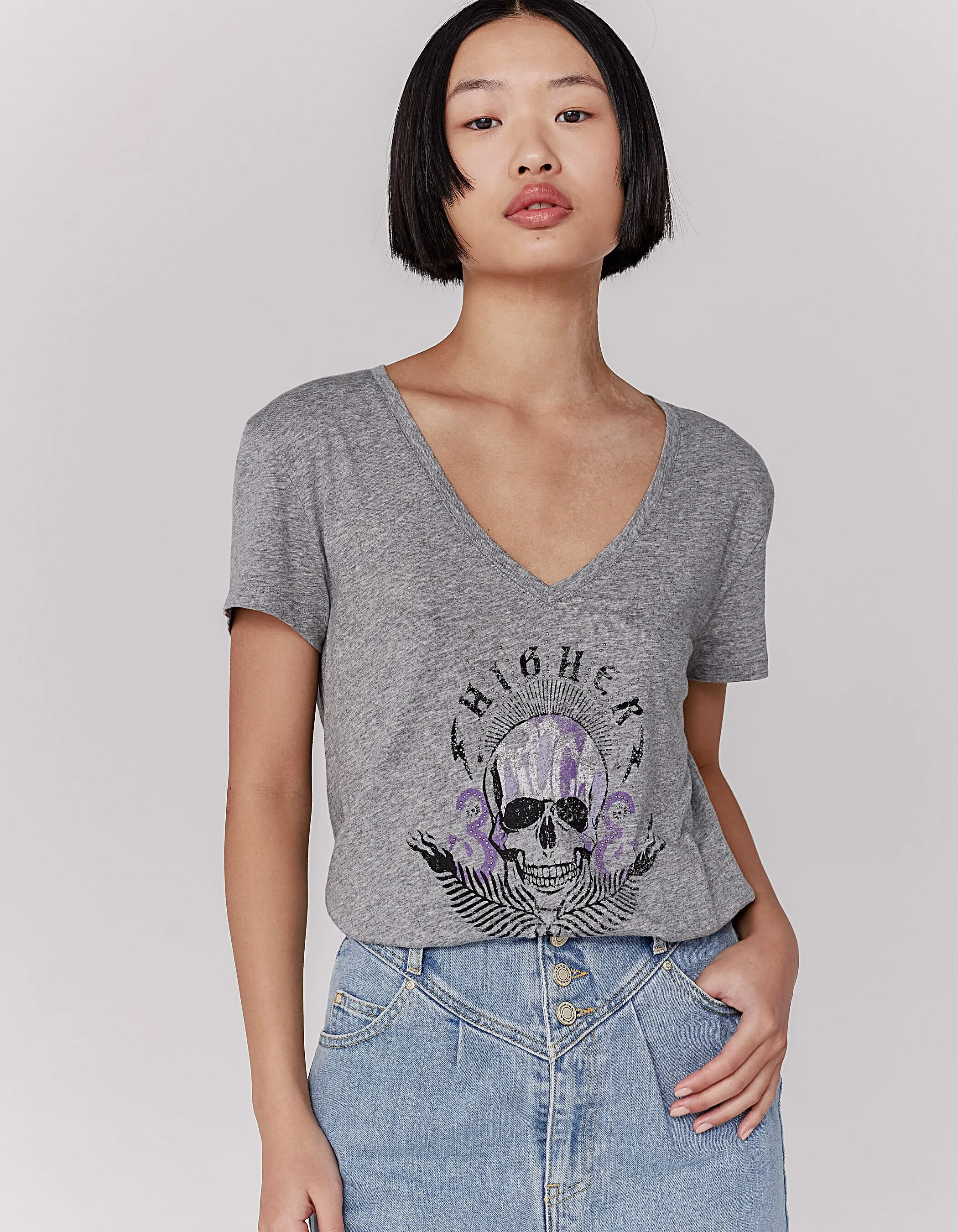 Tee-shirt coton modal gris visuel tête de mort femme