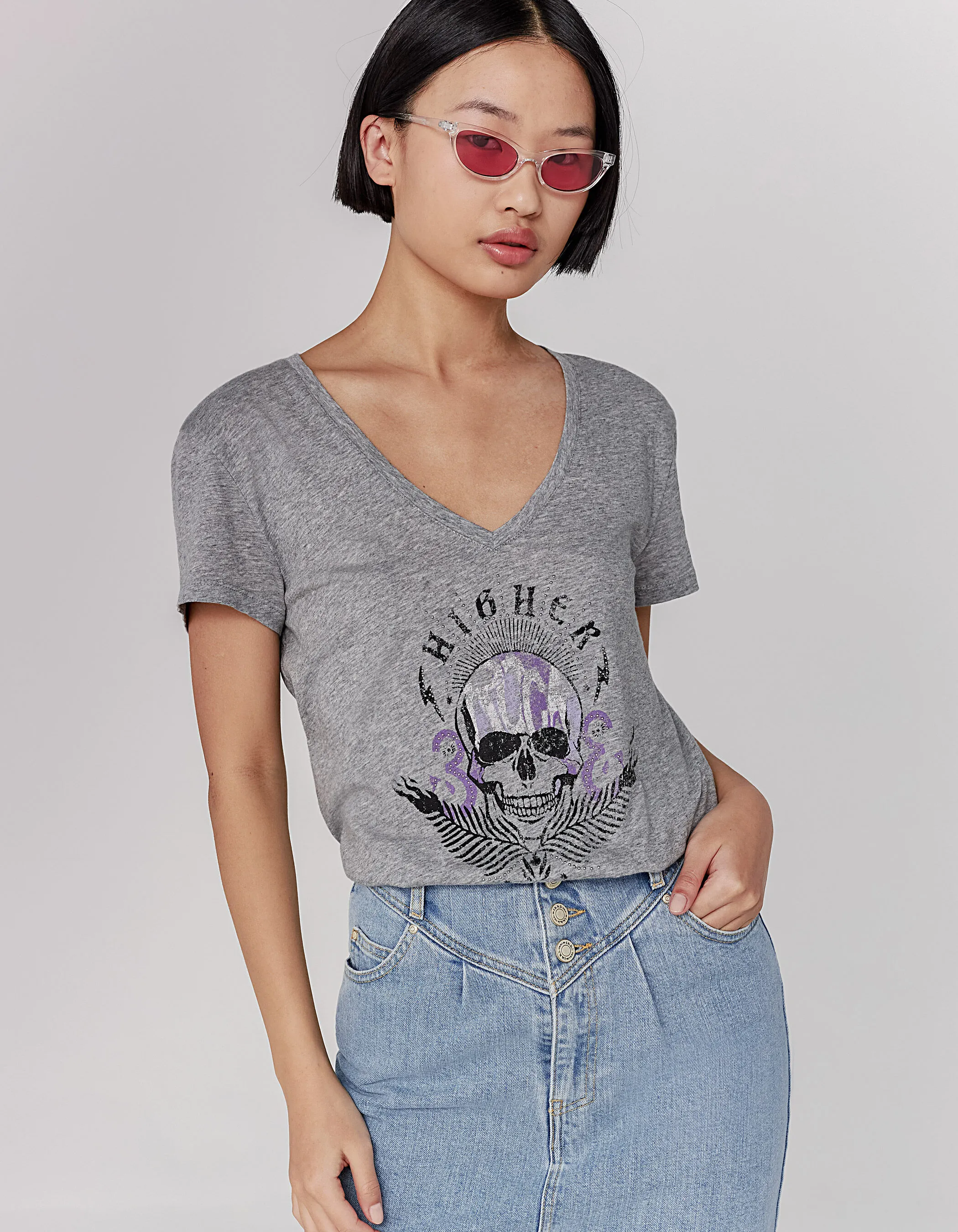 Tee-shirt coton modal gris visuel tête de mort femme