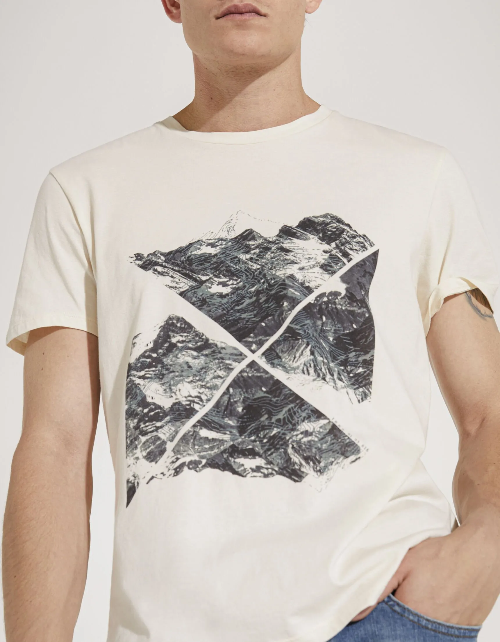 Tee-shirt écru avec visuel montagnes kaki Homme